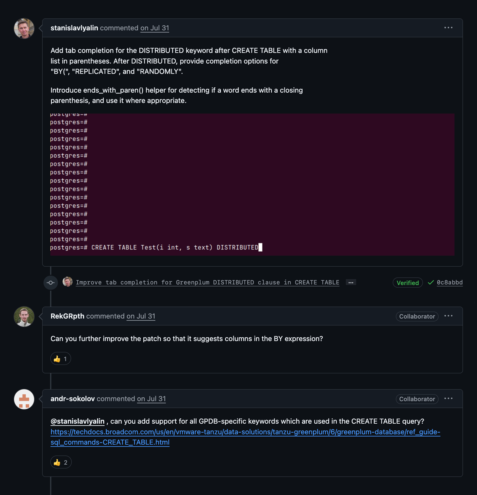 Example of comments on a pull request